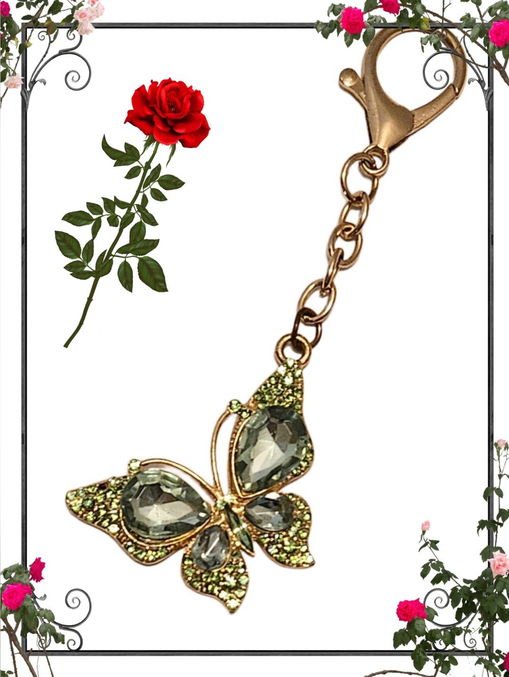 Gold Tone Green Acrylic Rhinestone Butterfly Purse Charm
